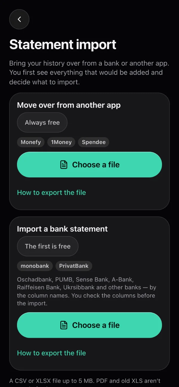 Екран імпорту виписки Monnex англійською: monobank, ПриватБанк, Monefy, 1Money і Spendee, файли CSV або XLSX